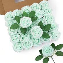25Pcs Artificial Roses Flowers Fake Roses With Stems Real Touch Foam Flowers For DIY Wedding Bouquet Baby Shower Centerpiece Floral Arrangement Party Home Decor(Dark Red) - Mint Green - View 6