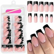 French Press-On Nails, 120pcs Black French Tips Long Glossy Nude Gel Press-On Artificial Medium Length False Nails With Adhesive Tab For Women Girls,Nails,Nail Supplies,Press On Nails,Nail Tips,Summer - Medium Sqaure-Black - View 7