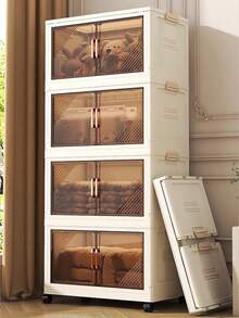 Armario de almacenamiento plegable de 1/2/3/4/5 niveles, caja de almacenamiento de plástico con ruedas y puertas, organizador doméstico apilable de gran capacidad para dormitorio, sala de estar, cocina, de fácil montaje y diseño ahorra espacio - Multicolor - Ver 7