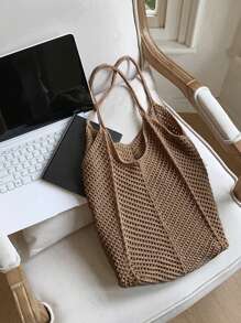 Women's Shoulder Bags Casual Straw Wicker Woven Ladies Handmade Totes Large Capacity Summer Beach Female's Messenger Bag Summer Large Capacity Crochet Knit Bag Women Woven Vintage Beach Shoulder Bag For Vacation Work Commute