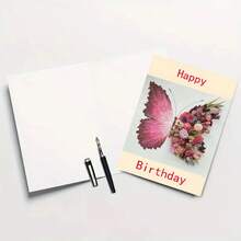 1pc Beautiful Floral & Butterfly Happy Birthday Greeting Card,School Supplies,Back To School