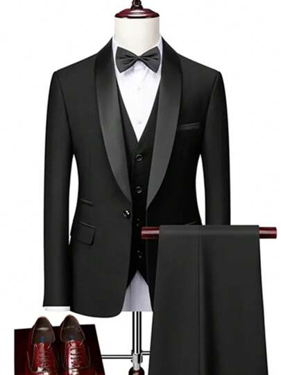 Set de 3 piese costum de afaceri pentru bărbați, culoare solidă, slim fit, elastic, include sacou, vestă și pantaloni, costum de lucru formal