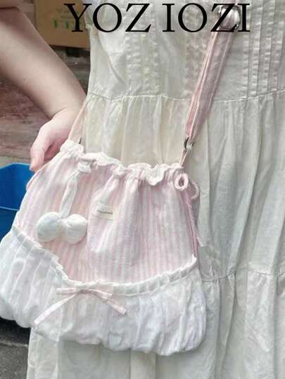 甜美优质蝴蝶结条纹单肩斜挎包，小众时尚百搭设计可爱女士手提包