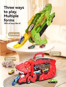 三合一儿童恐龙变形集装箱卡车，霸王龙造型，便携式可折叠轨道，合金车身，多种玩法，亲子互动玩具，适合作为3-12岁男孩女孩的礼物。