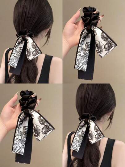 1个缎带蝴蝶结卷发发圈，女士优雅低马尾发髻发饰，头饰发带头饰