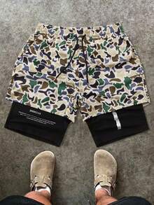 Men's Double-Layer Geometric Print Sports Shorts, Casual Street Style, Comfortable, Versatile, Suitable For Gym - Green - View 3