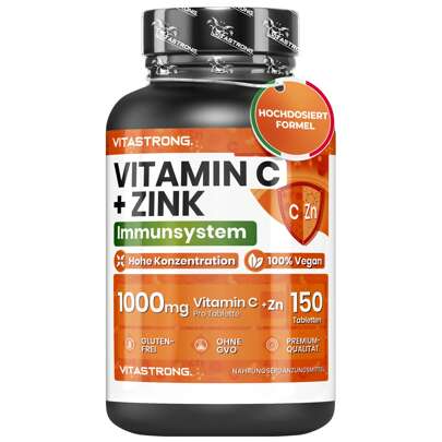 Vitastrong Vitamin C 1000 mg mit Zink Vitastrong, 150 vegane Tabletten (5-Monats-Vorrat), Hochdosiert für die Immunabwehr, Premium-Qualität mit reinem Vitamin C