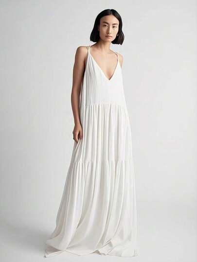 Bohemian Style Women's Elegant Ruffle Trim Hollow-Out Dress, Sexy V-Neck Spaghetti Strap Beach Dress For Summer
