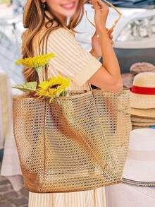 Foldable Beach Bag, Mesh Tote Bag, Women's Shoulder Bag, Outdoor Travel Essential Leisure Bag - Multicolor - View 1