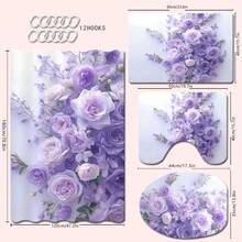 1/4pcs Blue And Purple Rose Themed Bathroom Set, Including Shower Curtain, Bathroom Mat, U-Shaped Toilet Seat Cover, And Toilet Lid Cover, Waterproof Shower Curtain, Fashionable Curtain For Bathroom Decor, Modern Style, No Need To Drill Holes, Made Of Polyester, Machine Washable Fall Decor Bathroom Accessories Back To School - Multicolor - View 17