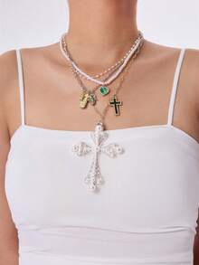 DareSee 2件套复古钛钢十字架和心形吊坠多层项链套装，情人节、妈妈、母亲节礼物，适合音乐节、Y2K 节、返校季、秋季、圣诞节、冬季等场合。 - 彩色 - 查看 3