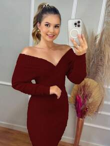 Elegant Modal Dress Women Long Sleeve Off Shoulder Winter Fashion Casual Solid Color Dresses - Màu Đỏ Sâu - Xem 2