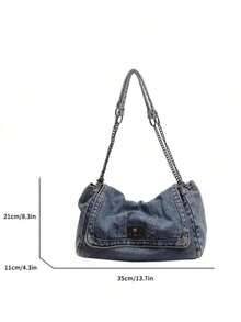 Winter New Fashion Classic Joker Solid Color Retro Wash Jeans Material Metal Chain Shoulder Bag Quilted Embroidery Thread Decoration Design Large-Capacity Shoulder Bag Suitable For Shopping And Outing., Perfect For Cow Girl - Blue - View 8