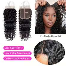 4x4 深水波浪蕾丝扣 100% 巴西真人发丝，含婴儿发，女士卷曲波浪蕾丝扣 - Natural Black - 查看 8