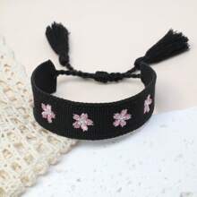 1 Stück handgefertigtes besticktes Blumen Kirschblüten geflochtenes verstellbares Boho Quasten Armband, geeignet für Freunde, Familie, Studenten, Urlaubsgeschenke, Partys, Reisen, Hochzeitsbekleidung