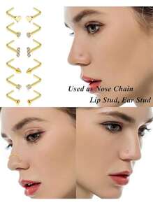 1 set de 16 pièces Punk Style Bagues de nez en acier inoxydable en forme de cœur avec 3 strass, argenté et doré, ensemble de bijoux pour femmes