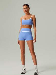 GOSOUER 春夏两件套女士瑜伽跑步运动文胸和短裤 - 藍色 - 查看 5