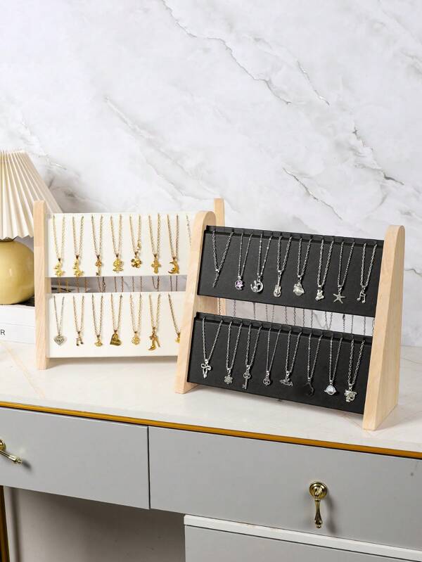 1pc Wooden Dual-Layer Necklace Display Stand, New Fashion Jewelry Store Window Necklace Display Rack, Jewelry Storage Organizer For Women Storage Organizer Travel Essentials Back To School Dormitory Storage