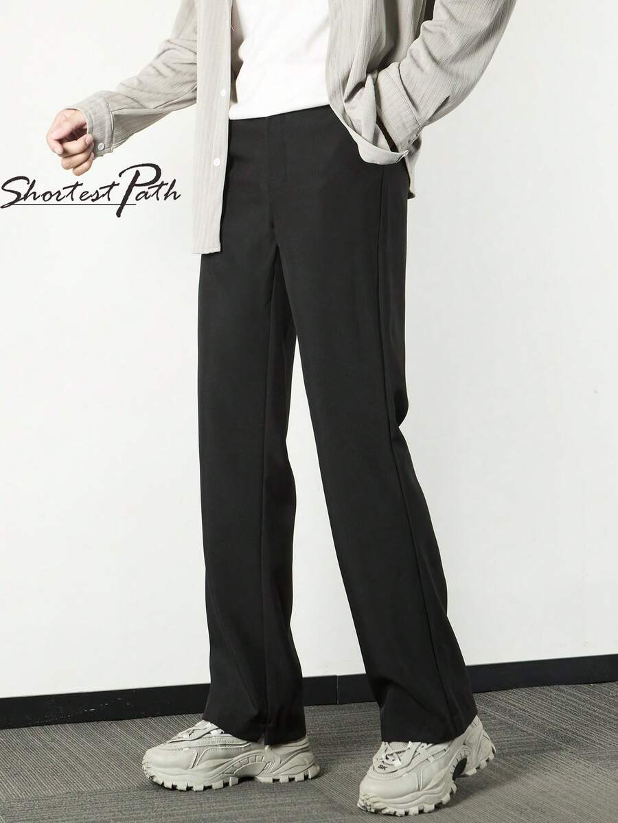 Men's Flared Slim Straight Fit Solid Color Trousers - Black - View 1