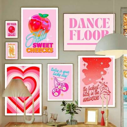 1 pieza / 3 piezas Póster de arte de pared Opcional Marco / Impresión de arte enmarcada moderna de citas dulces rosas Cartel del corazón talla grande afortunado Cartel de señal de pista de baile Imágenes de pared Decoración de habitación de chica Y2k Pintura