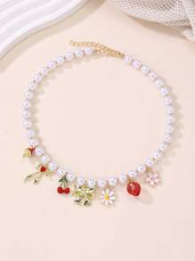 1 colar com pingente de pérola falsa, cereja, morango e margarida, elegante e moderno, acessório para mulheres, uso diário, festa, feriado
