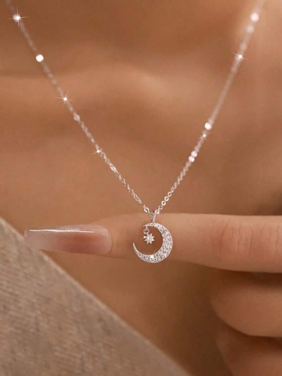 BALMORA 1件S925纯银优雅可爱星月吊坠项链，女士时尚锁骨链，适合派对、日常佩戴、礼品