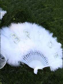 1PC Elegant Pearl Decorative Bridal Feather Fan,White Bride Fan Bride Faux Pearl&English Letter Decor White Folding Fan,Large-Size Handheld Fan For Bachelorette Party&Wedding Decoration,Sweet,Romantic&Beautiful Wedding Gift Wedding Decoration(The Fan Cannot Be Folded) - Multicolor - View 7