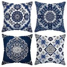 TOPSSCTR Set Of 4 Traditional Geometric Blue Porcelain Pattern Throw Pillow Covers, Polyester Zippered Cushion Cases, Machine Washable Woven Decorative Pillowcases For Various Room Types, 45cm X 45cm - No Insert, Single Side Design