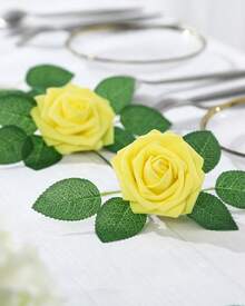 25Pcs Artificial Roses Flowers Fake Roses With Stems Real Touch Foam Flowers For DIY Wedding Bouquet Baby Shower Centerpiece Floral Arrangement Party Home Decor(Dark Red) - Yellow - View 11