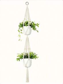 1 cái, Móc treo cây đôi Macrame trong nhà ngoài trời, Giỏ treo chậu cây 2 tầng/3 tầng có hạt, Không bao gồm chậu Trang trí phòng Trang trí phòng ngủ Trang trí nhà Trang trí tường - Màu be - Xem 3