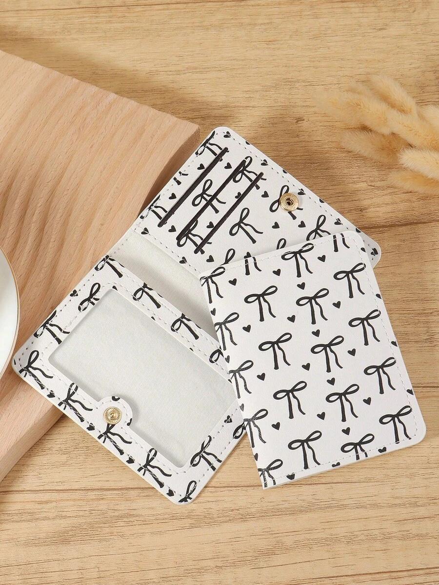 粉色蝴蝶结爱心图案迷你钱包,时尚简约卡包,纤薄轻巧便携,可装现金、身份证、信用卡、硬币,适合作为生日、周年纪念礼物送给爱人、女性、女孩、青少年、大学生、男士 - 黑色 - 查看 1