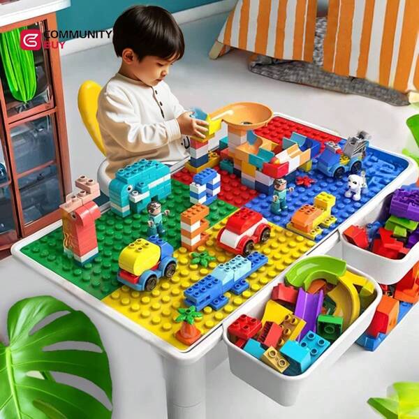 Mesa de juegos de actividades con bloques para niños con 1 silla y bloques, mesa de enseñanza con juego de bloques para niñas, juego de mesa de actividades para niños, mesa de bloques para niños pequeños con 358 piezas de juego de mármol de gran tamaño, todos los bloques de construcción, juego de computadora multifuncional, juguete de almacenamiento para bebés niños y niñas de 2 a 8 años, juguete para bebés