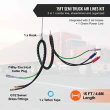 12FT Semi Truck Air Lines Kit, 3-In-1 Air Hoses & ABS Power Line For Semi Truck Trailer Tractor, 7-Way Plug Electrical Cord Cable And Rubber Air Lines Hose Assembly Kit With Hook &  Tape - Black - View 2