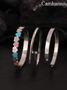 Camhanno 3pcs Simple And Niche Fashion Stainless Steel Heart Bracelets Suitable For Women's Daily Wear Or Special Occasions/Valentine's Day Christmas Gift For Girlfriends - Silver - View 10