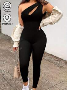 Cutout Front Sleeveless Oblique Shoulder Form-Fitting Jumpsuit, Casual Sports Style, Summer New Arrival