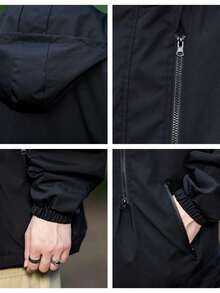 男士春夏秋季休闲纯色户外简约连帽夹克，功能性宽松工作服时尚防风防水黑色长袖轻便夹克，适合秋季徒步、钓鱼、骑行、旅行和摄影 - 黑色 - 查看 8