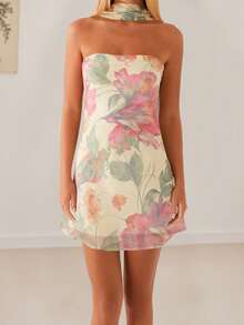Women Mini Dress, Strapless Backless Flower/Solid Slim Fit Summer Tube Dress Clubwear With Scarf - Màu be - Xem 4