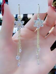 1 Paio di Orecchini Pendenti con Fiore Viola di Stile Coreano, Nuovi Orecchini Eleganti alla Moda con Nappine Lunghe - Dorato - Visualizzare 4