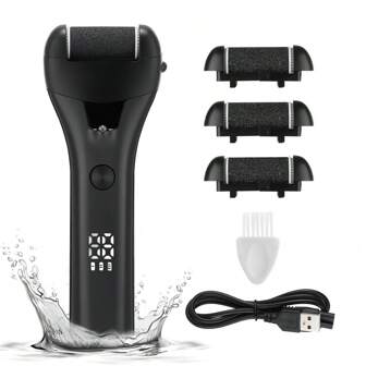 Hailicare 3-Speed USB Foot File|1200mAh Rechargeable|IPX4 Waterproof With LED Light|3 Natural Quartz Heads (Coarse/Medium/Fine)|Digital Battery Display & 180-Minute Run Time