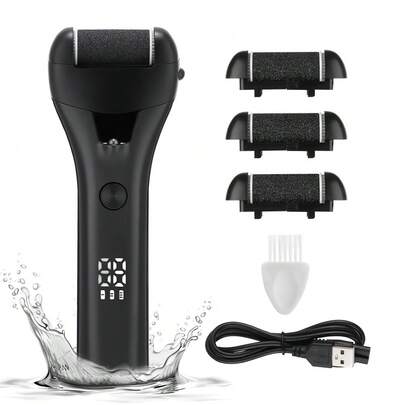 Hailicare 3-Speed USB Foot File|1200mAh Rechargeable|IPX4 Waterproof With LED Light|3 Natural Quartz Heads (Coarse/Medium/Fine)|Digital Battery Display & 180-Minute Run Time