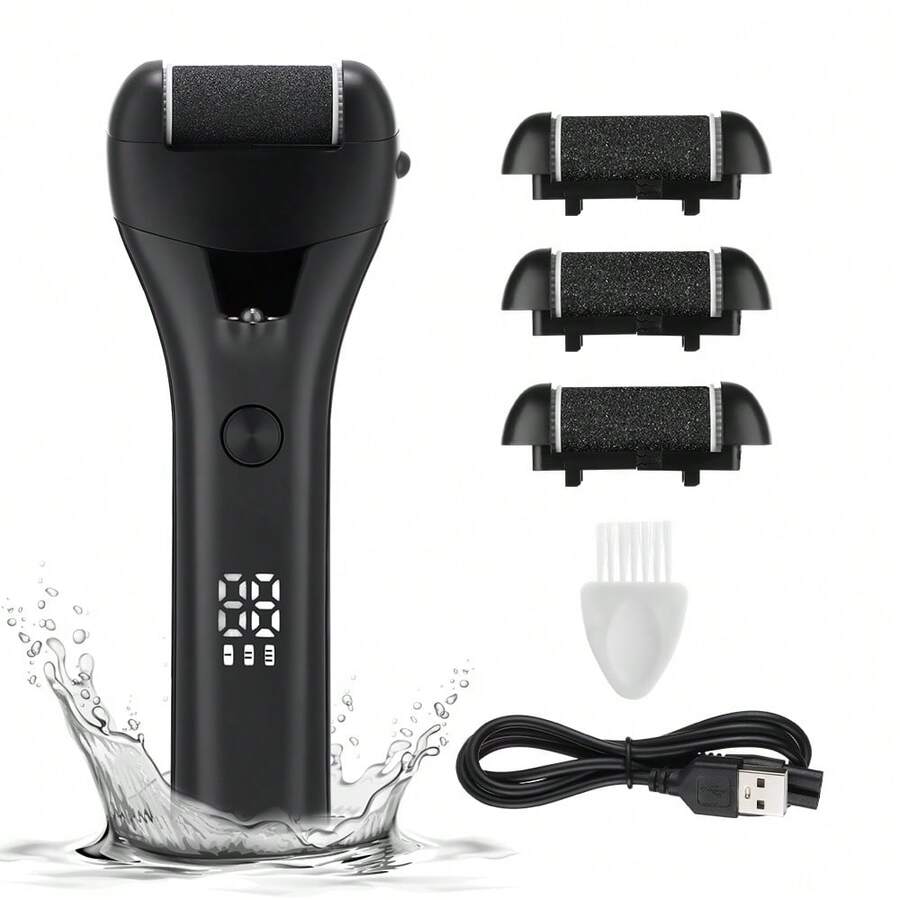 Hailicare 3-Speed USB Foot File|1200mAh Rechargeable|IPX4 Waterproof With LED Light|3 Natural Quartz Heads (Coarse/Medium/Fine)|Digital Battery Display & 180-Minute Run Time - Black - View 1