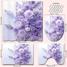1/4pcs Blue And Purple Rose Themed Bathroom Set, Including Shower Curtain, Bathroom Mat, U-Shaped Toilet Seat Cover, And Toilet Lid Cover, Waterproof Shower Curtain, Fashionable Curtain For Bathroom Decor, Modern Style, No Need To Drill Holes, Made Of Polyester, Machine Washable Fall Decor Bathroom Accessories Back To School - Multicolor - View 18