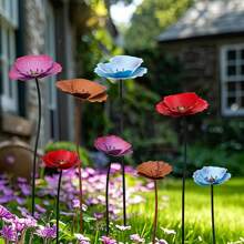Two Metal Floral Garden Decoration Stakes, Colorful Metal Poppy Flowers For Yard Decor, Outdoor Garden Decorations For Spring And Summer, Two (Tall/Short) Garden Ornaments For Indoor And Outdoor Use, Lawn Path Yard Decoration.