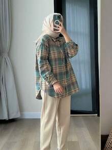 女式休闲格子印花长袖衬衫 - 彩色 - 查看 3