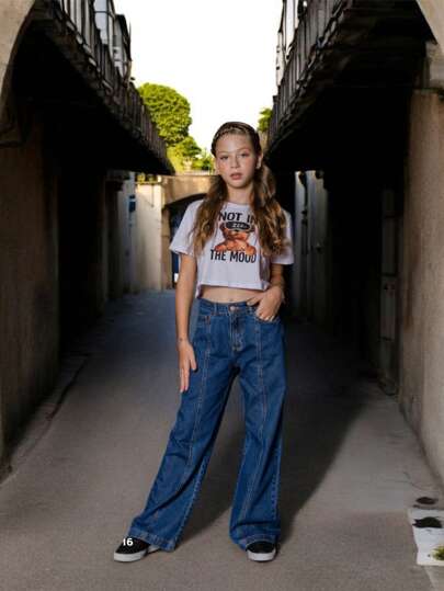 Calça Jeans Wide Leg Denim Feminina Infantil Juvenil Lançamento Premium Cintura Alta Escolar 04 ao 16