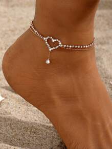 1pc Elegant Fashionable Sparkly Micro-Inlaid Water Rhinestone Multi-Layer Hollow Heart Water Drop Pendant Anklet For Women, Suitable For Festivals, Parties And Daily Outings