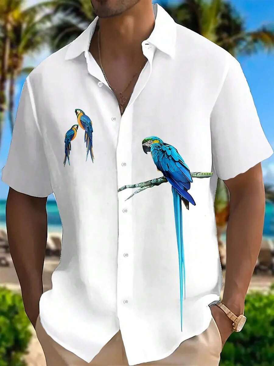 Plus Size Men's Parrot Print Button Down Short Sleeve Hawaiian Aloha Shirt - White - View 1