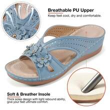 Ecetana Blue Slippers For Womens:Women's Wedge Slide Sandals- Super Breathable, Stylish Open Toe Cut-Out Design With Arch Support Effortless Slip-On.Summer Sandals With Three-Dimensional Decal Decoration, All-Match Going Out Sandals, Perfect For Casual Outdoor. - 藍色 - 查看 3