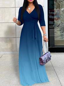Vestido largo para mujer de talla grande, con escote profundo en V, elegante vestido de manga corta, de tela de punto, con estampado colocado, conjunto de vestir de verano para mujer