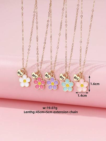 5pcs Girls Zinc Alloy Colorful Enamel Flower Shaped Pendant Necklace Set With BFF Heart Shaped Charm, Suitable For Daily Life And Wear With Friends